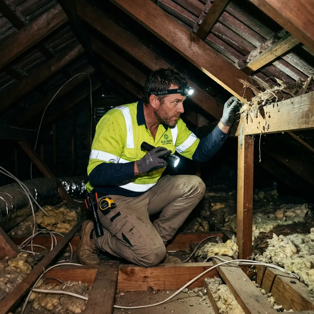Technician inspecting a roof cavity for a dead animal in Castella
