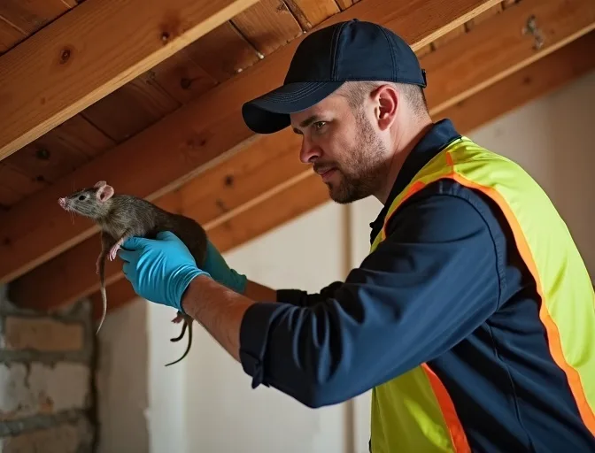 Technician inspecting a roof cavity for a dead rat in Castella